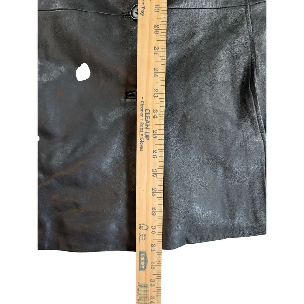 Modern Essentials Womens Black Long Button Front 100% Leather Jacket Large - Picture 3 of 9